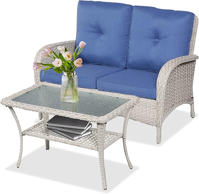 Belord Outdoor Wicker Loveseat with Coffee Table, Patio Loveseat Sofa 2 Piece Outdoor Wicker Furniture Set for Patio Porch Deck Balcony Light Beige/Blue