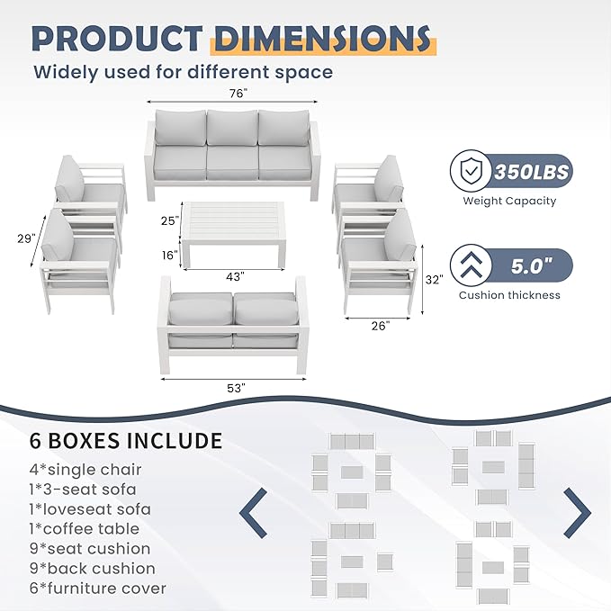 Amopatio Aluminum Patio Furniture Set, 10 Pieces Modern Patio Conversation Sets, Outdoor Sectional Metal Sofa with Coffee Table for Balcony, Garden, White (Included Waterproof Covers)