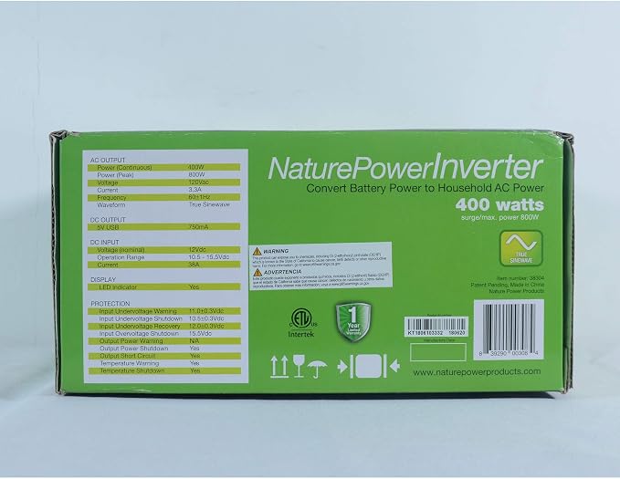 Nature Power 38304 Pure Sine Wave Inverter, 400-watt