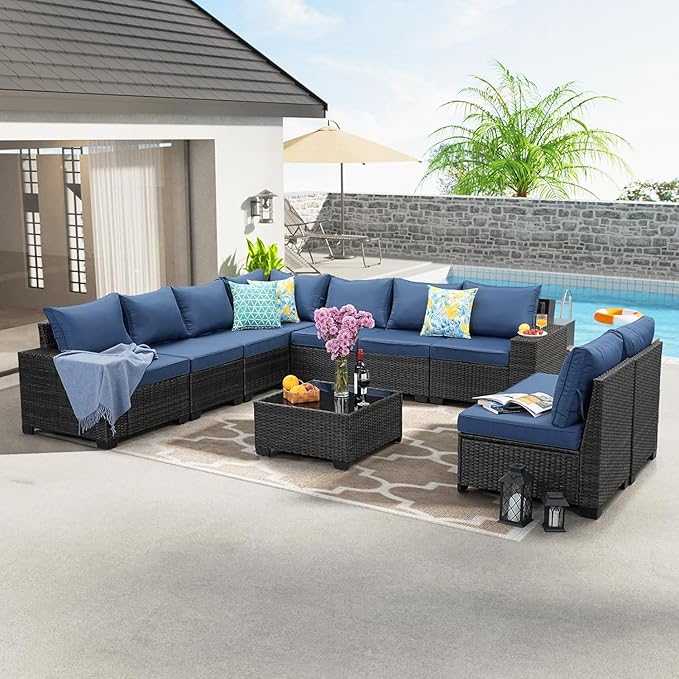 10 Pieces Patio Furniture Set, Wicker PE Rattan Outdoor Sectional with Cushion & Coffee Table, Patio Conversation Sofa for Garden, Backyard, Poolside, Navy