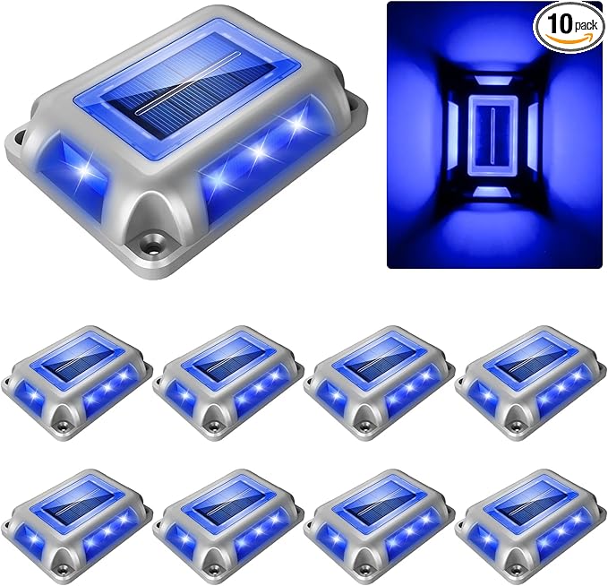 Solar Deck Lights Driveway Dock Lights- 8 Packs Waterproof 1200mAh Solar Powered Outdoor LED Aluminum Dock Lighting Road Markers Step Light for Driveway Sidewalk Garden Pathway Yard (Blue)