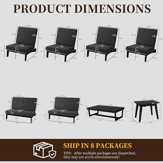 UIXE 8 Pieces All Weather Black Wood Patio Furniture Sets, 2 Patio Loveseat, 4 Patio Bistro Chair, Outdoor Sectional Sofa Furniture Backyard Conversation Set with Coffee Table - Dark Gray