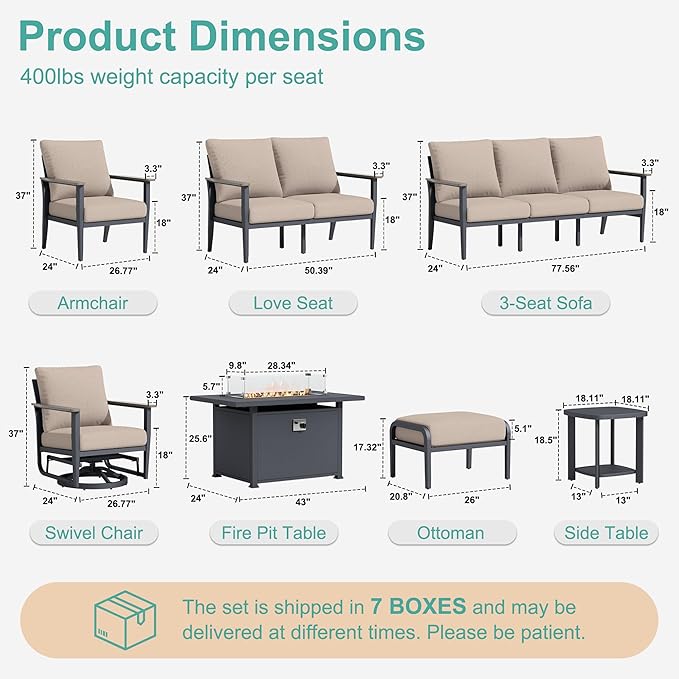 11-Seat Outdoor Patio Furniture Set with Rocking Swivel Chair, Aluminum Sectional Sofa with Ottomans Patio Conversation Set with 55,000 BTU Fire Pit Table & High Backrest, Sand