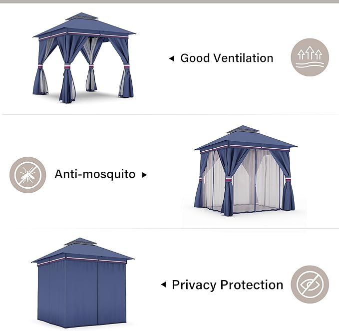 LAUSAINT HOME Patio Gazebo 8'x8', Outdoor Heavy Duty Party Tent Shelter with Double Roofs, Mosquito Nettings and Privacy Screens for Backyard, Garden, Lawn, Classic Blue