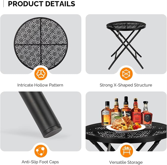Folding Small Outdoor Side Tables, Patio Folding Side Table, Anti Rust Small Patio Table Round Metal Nightstand with Flower Cutouts for Porch Yard Balcony Deck Lawn
