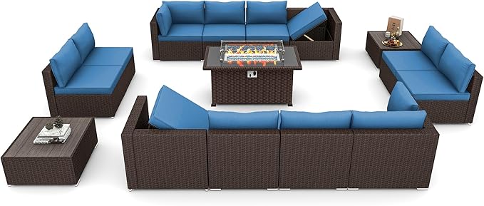 HOMREST 15 Pieces Outdoor Patio Furniture Set with 44" Propane Fire Pit Table, PE Rattan Sectional Sofa Conversation Set w/Adjustable Bracket, Wood Coffee Table for Backyard (Blue)
