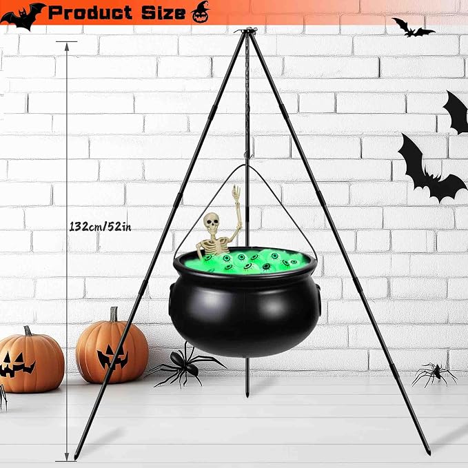 Halloween Outdoor Decorations, Witches Cauldron for Yard Decorations, Witch Decor Indoor, Halloween Witch Cauldron with Tripod with Eyeballs String Lights and Skeleton for Home & Porch Decor