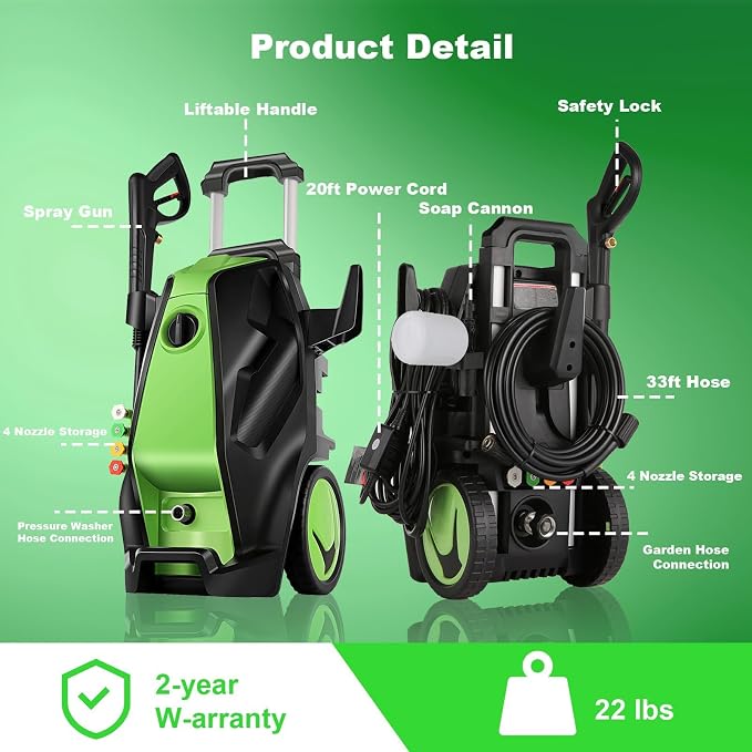 5000 PSI Pressure Washer, 4.0GPM Electric Power Washer,2000W High Pressure Washer, Professional Washer Cleaner, with Soap Bottle and 33FT Hose, Best for Cleaning Cars,Driveways,Patios (Green)