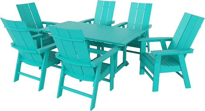 WestinTrends Ashore 7 Pieces Adirondack Outdoor Dining Set, All Weather Poly Lumber Slatted Modern Farmhouse Outdoor Furniture Set, 71" Trestle Dining Table and 6 Adirondack Dining Chair, Turquoise