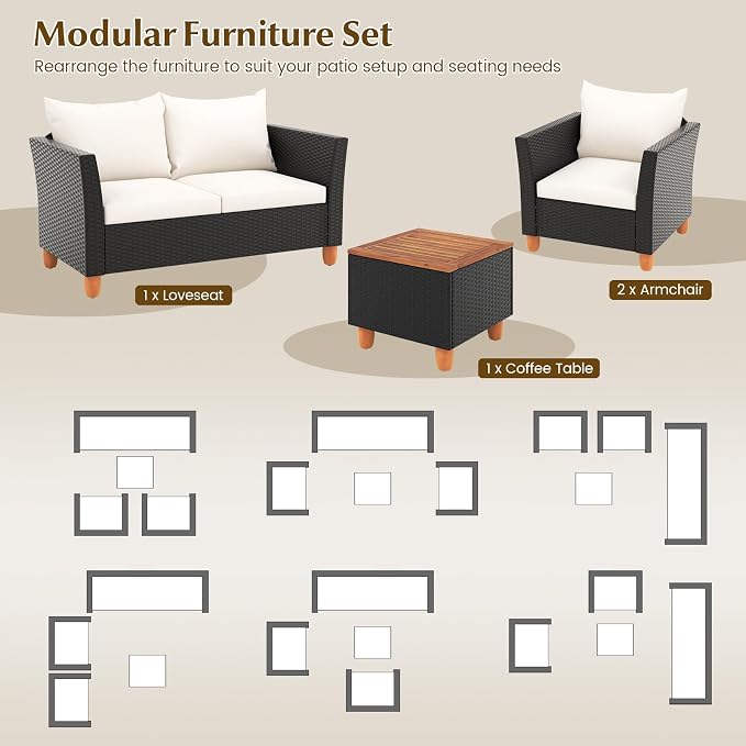 HAPPYGRILL 4 Pieces Wicker Patio Conversation Set, PE Rattan Chair & Ottoman Set with Removable Cushions, Storage Coffee Table, Outdoor Furniture Set for Garden Backyard Poolside (Off White)