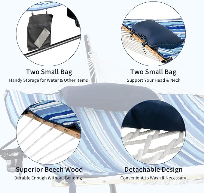 Giantex 12Ft Hammock with Stand, 2 Person Heavy-Duty Steel Hammock Stand, 450 lbs Capacity, Double Hammock Bed with Cotton Mat, Pillow, Cup Holder and Bag (Blue and Beige Striped)