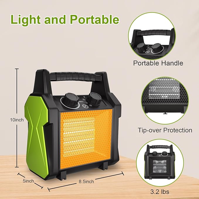 Outdoor Heater for Patio, 1500W PTC Ceramic Electric Space Heater with Overheat Protection, Safe & Fast Greenhouse Heater for Workshop, Flower Room, Camping, Green