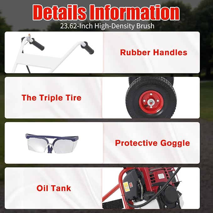 4-Stroke Gas Powered Hand Push Sweeper, Strong Power Lawn Sweeper Machine with 23in Long High-Density Brush, Artificial Grass Brush Gasoline Powered Broom for Lawn, Driveway, Snow
