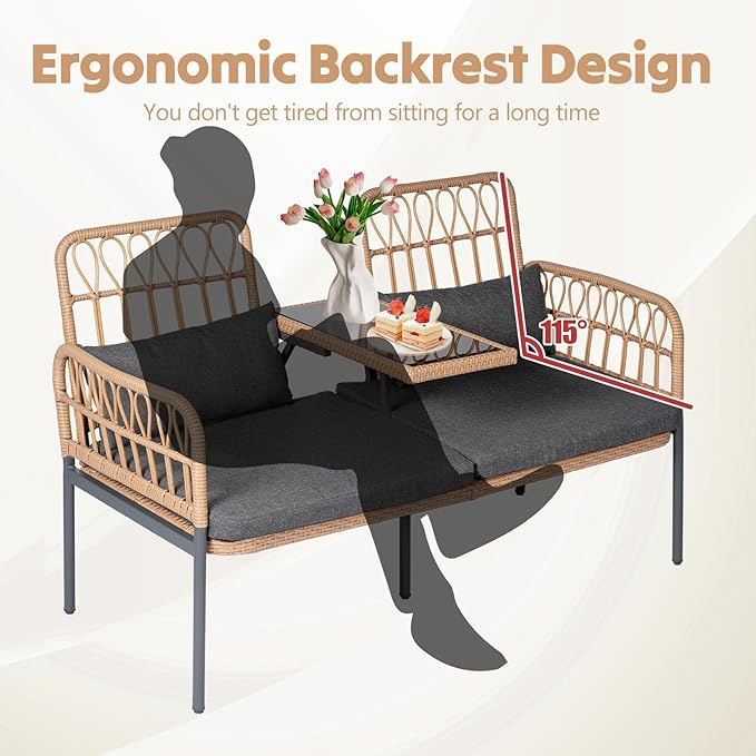 Outdoor Loveseat 2 Pieces Patio Furniture Set, Porch Furniture Wicker Large Loveseats, Patio Conversation Sets with Cushions & Lumbar Pillows and Built-in Table