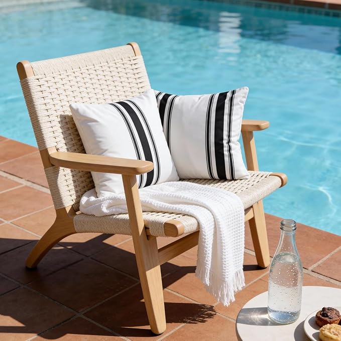 Waterproof Outdoor Pillow Covers 16x16 Inch Set of 2, Black and White Stripe Geometric Decorative Throw Pillow Cover, Modern Farmhouse Cushion Cases for Patio Garden Porch Balcony Couch Sofa