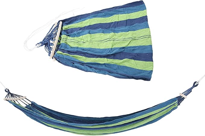 Camping Hammock Portable Outdoor Travel Lightweight Hammock with Hardwood Spreader Bar for Camping Hiking Made of Canvas Blue with Color Stripe Approx 240x150cm 1230g