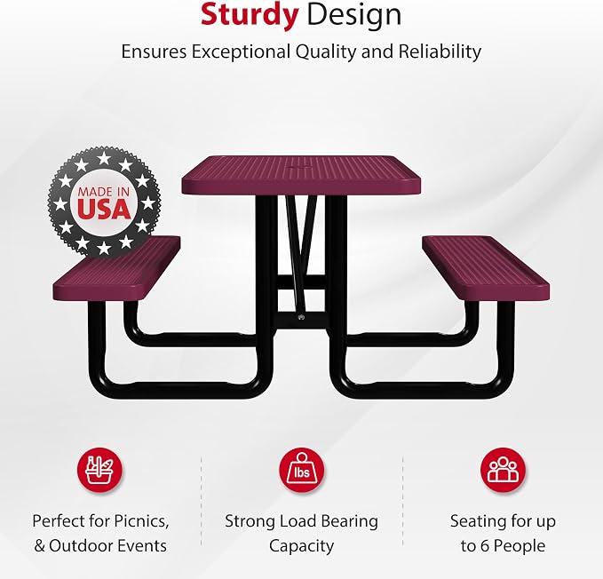 Leisure Craft Metal Picnic Table with Bench - 6 ft Rectangle Outdoor Dining Table for 6, Umbrella Hole, Weatherproof Heavy Duty Thermoplastic Coating, Commercial Grade Furniture Made in USA - Burgundy