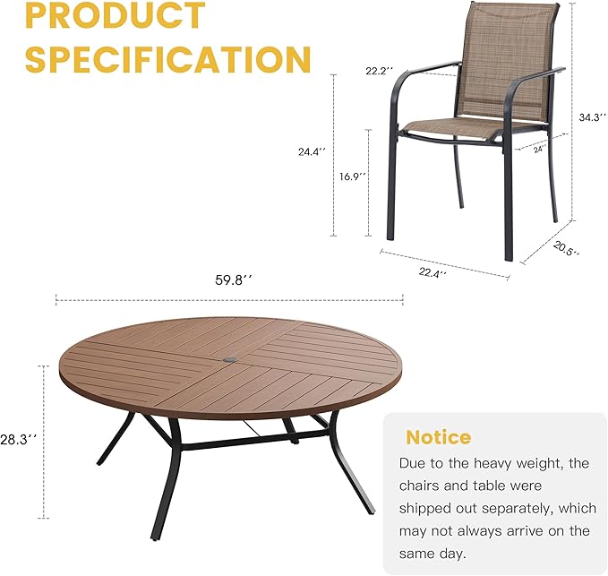 VICLLAX Patio Table and Chair Set of 10, All Weather Metal Round Outdoor Dining Furniture Set-59.9" Round Outdoor Table and Chairs, Walnut Wood Grain Tabletop