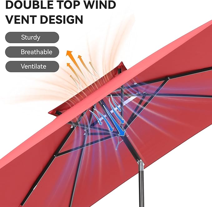 6.6 x 10 ft Rectangular Patio Umbrella, Outdoor Market Table Umbrella with Push Button Tilt and Crank, Double-Tier Vent, 6 Ribs, Rectangle Patio Umbrella for Backyard, Deck, Pool, Fits 4–6 Chairs and Tables (Wine Red)