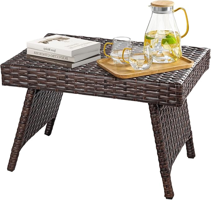Outdoor Side Table for Patio, Folding PE Rattan End Table with Metal Frame, Portable Wicker Coffee Table for Garden Porch Balcony Deck Poolside (Brown)
