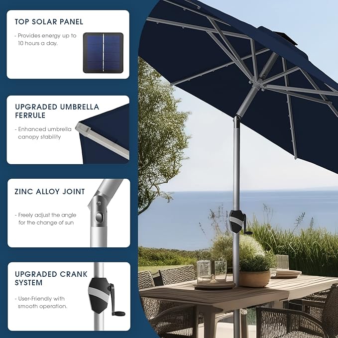 BLUU 10 Ft Patio Umbrella with Solar LED Lights, 5-Year Fade-Resistant Aluminum Outdoor Table Umbrella with Tilt Adjustment and Crank for Pool, Deck, Garden and Lawn, Navy Blue