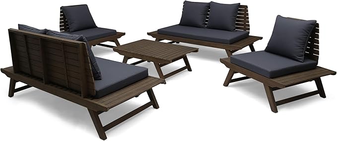 Christopher Knight Home Sedona Outdoor Acacia Wood 6 Seater Chair Loveseat Cushions Chat Patio Furniture Conversation Sets with Coffee Table, 37 "W x 28.25 "D x 29.5 "H, Gray + Dark Gray