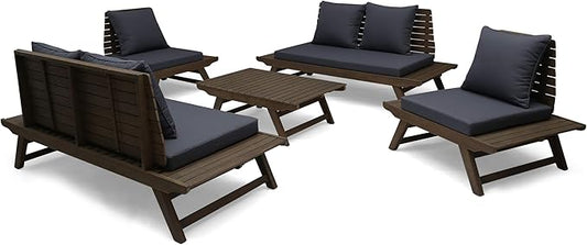 Christopher Knight Home Sedona Outdoor Acacia Wood 6 Seater Chair Loveseat Cushions Chat Patio Furniture Conversation Sets with Coffee Table, 37 "W x 28.25 "D x 29.5 "H, Gray + Dark Gray