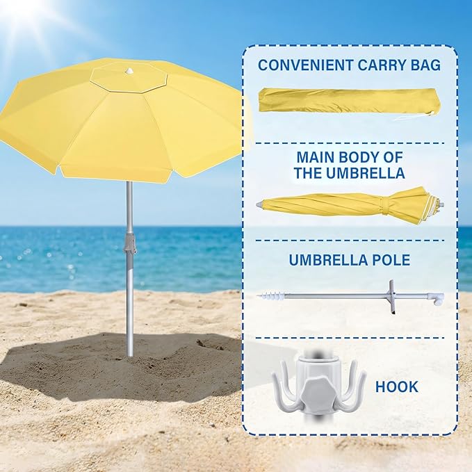 8FT Beach Umbrellas for Sand,Portable Outdoor Windproof Sun Umbrella with Push Button Tilt and Air Vent,UPF 50+ PU Coating for Patio Garden Pool Backyard