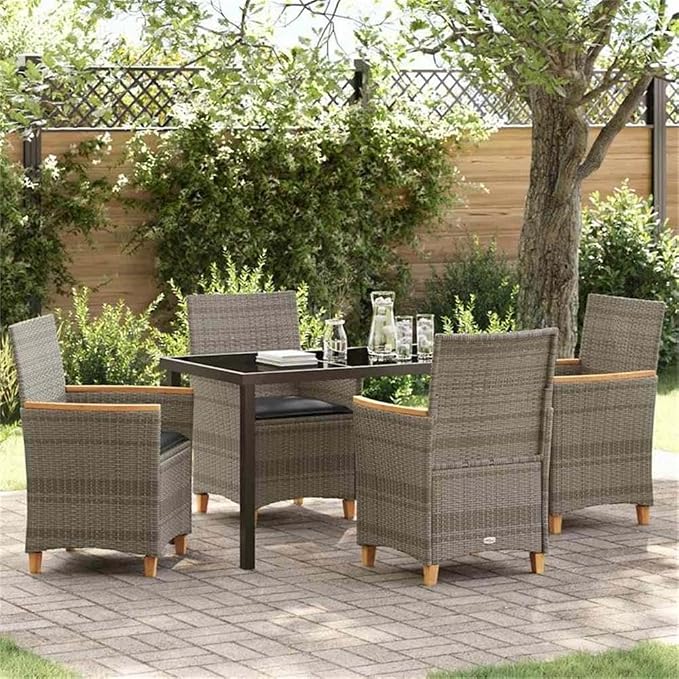 Afuera Living Contemporary 5 Piece Poly Rattan Patio Dining Set, Gray Finish, Steel Frame with Glass Tabletop, Weather-Resistant, UV-Resistant, Seats 4, Modern Outdoor Furniture for Garden or Terrace