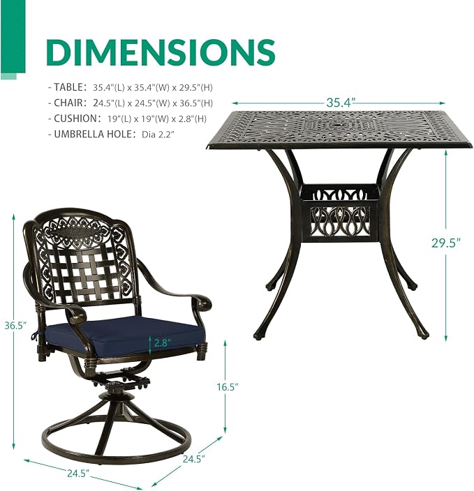VIVIJASON 5-Piece Outdoor Patio Dining Set, All-Weather Cast Aluminum Conversation Set, Patio Furniture Set Include 4 Swivel Cushioned Chairs, 1 Square Table w/Umbrella Hole, Navy Blue Cushion