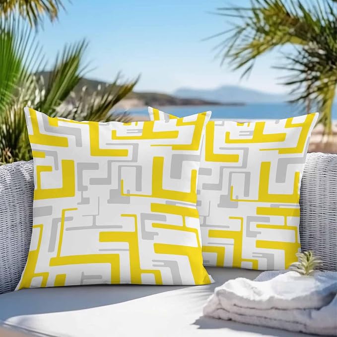 Geometric Outdoor Pillow Shams Set of 2, Decorative Pillowcases Cushion Case, Soft Throw Pillow Covers Waterproof Pillow Case 24x24 Inch, Abstract Lines Yellow Gray Modern Art