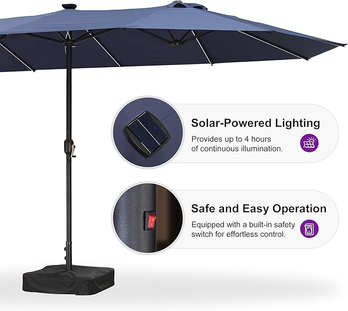 PURPLE LEAF 15ft Patio Market Umbrella with Solar LED and Base Double-Sided Rectangle Outdoor Table Sun Umbrellas with Crank for Pool Beach Deck Backyard Navy Blue