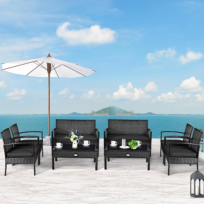 Tangkula 8 Pieces Wicker Patio Conversation Furniture Set, Outdoor Rattan Chair and Table Set, Patio Furniture Sets with Coffee Table & Washable Cushions for Courtyard Balcony Garden