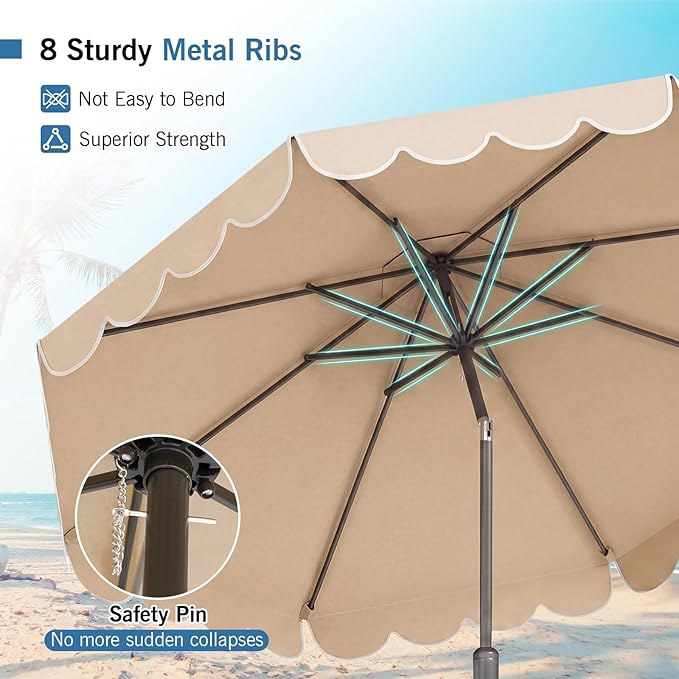 RELAX4LIFE 10 FT Scalloped Patio Umbrella, Market Table Umbrella with Push Button Tilt, Crank, 8 Sturdy Metal Ribs, Vented Top, Sun-Protective Ruffled Canopy, Heavy-duty Outdoor Parasol for Garden Poolside Deck