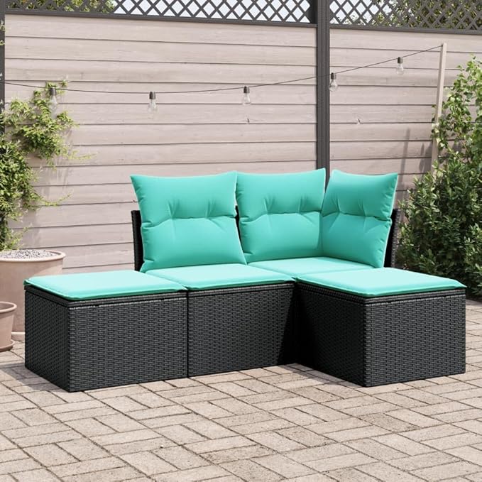 4 Piece Patio Sofa Set with Cushions, Porch Furniture Set Outdoor Sofa Sets Patio Conversation Set Outdoor Dining Sets for Exhibition Negotiation Area Piazza Poolside Black Poly Rattan