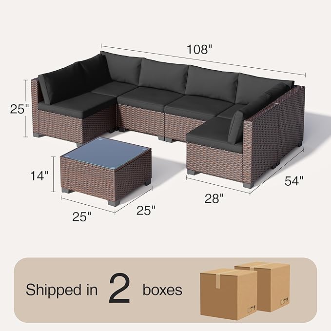 Qsun 7 Pieces Outdoor Patio Furniture Set, All-Weather PE Rattan Outdoor Patio sectional Furniture with Cushions and Glass Table, for Garden, Backyard, Porch, Black
