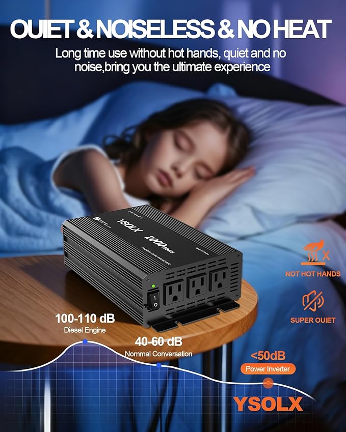 YSOLX 2000W Power Inverter 12V to 110V, DC to AC Inverter with 3 AC Outlets for RV Truck Camping, Home Emergency Use (4000W Peak)