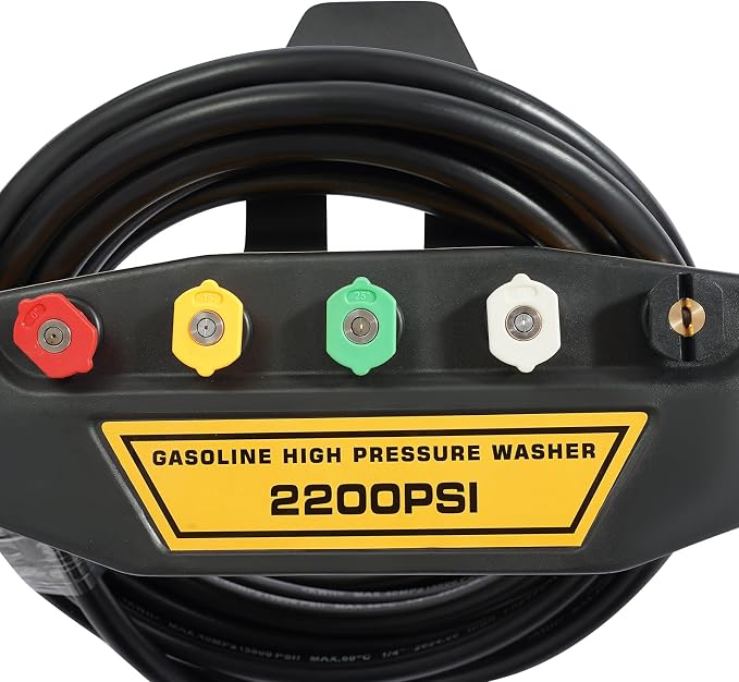 Gas Pressure Washer 2600PSI, 2.4GPM Max Flow, 7HP High Pressure Washer with Hose, Two Wheels, 5 Different Nozzles, for Cars, Fences, Driveways, Homes, Patios, Furniture