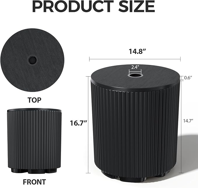 Outdoor Umbrella Stand, Free-Standing Umbrella Side Tables, Patio Umbrella Water Fill Base, Fluted Outdoor Side Table Umbrella Stand, Black