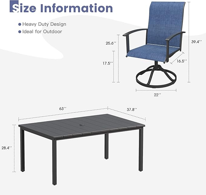 VICLLAX 7 Pieces Patio Dining Set, Patio Furniture Set of Metal Outdoor Table with Umbrella Hole and 6 Swivel Patio Chairs for Backyard Lawn, Dark Blue & Black