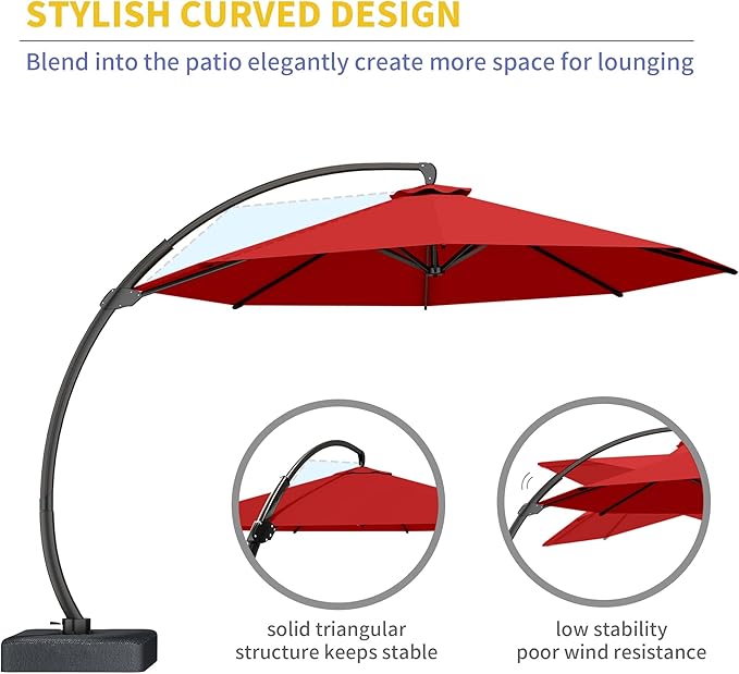 Kingdura 12ft Offset Cantilever Patio Umbrella with Base Included, Large Round Aluminum Outdoor Umbrella, 360° Rotation & Infinite Tilt, Heavy Duty Frame for Deck Pool Backyard, Red