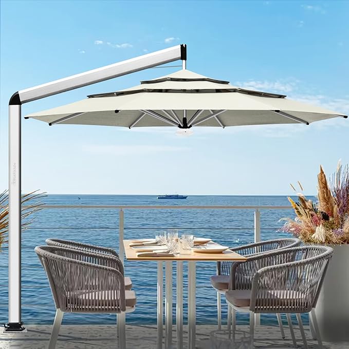 EliteShade USA Atlas 3-Tier 11FT Full Aluminum Cantilever Patio Umbrella for Outdoor Restaurant Garden Courtyard Deck Pool and Marketing with Light (No battery), Natural