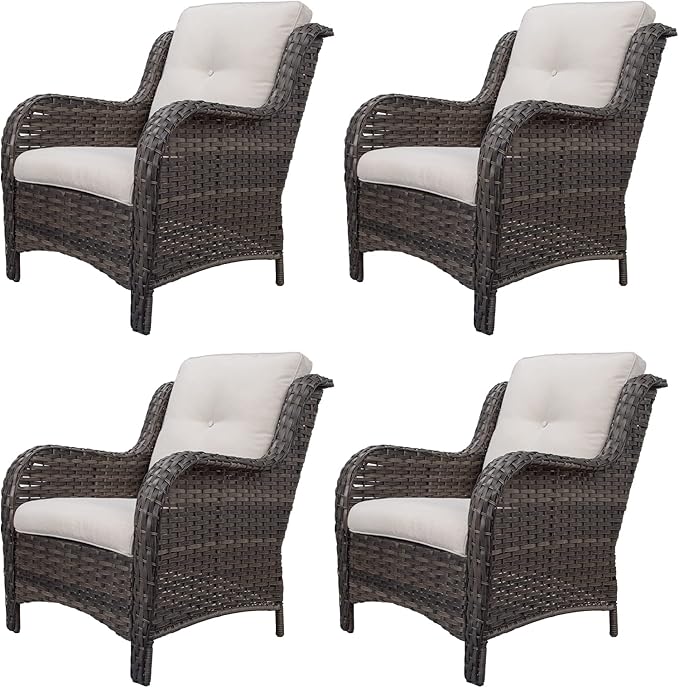 Outdoor Wicker Chair Rattan Patio Dining Chairs Set of 4 PE Wicker Patio Chairs with 3.5 inch Seat Cushions Patio Seating Chair for Garden, Backyard Swimming Pool, Balcony, Beige