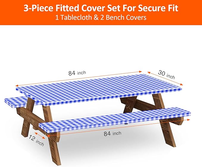 KENOBEE 7ft Picnic Table and Bench Cover, Camping Essentials RV Gear, 84 in Waterproof Windproof Outdoor Elastic All Around Tablecloth, Fitted Rectangle Tables and Seats, Blue-White Checkered