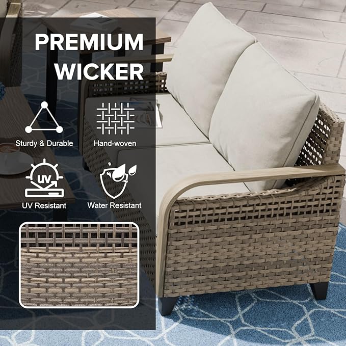 COOS BAY Modern Wicker Outdoor Furniture Set, 5 Piece Patio Conversation Set with 2 Patio Chairs, a Loveseat, Coffee Table and Side Table, 5 Piece, Brown/Gray