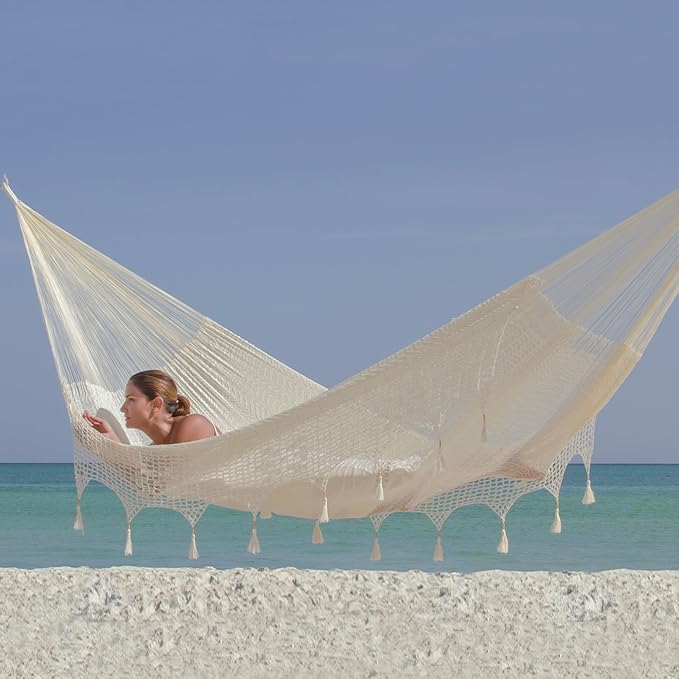 NOVICA Artisan Handmade Hammock Solid Rope with Tassels Triple Ivory Nylon Mexico Mayan Shabby Chic Beach Bonfire [Bed Size 78in L x 90in W Total Length 158in L] ' Caribbean Shores' Triple
