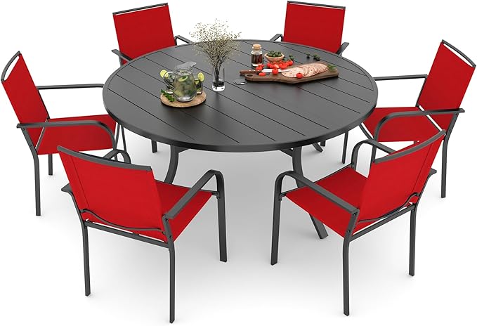 Anmutig Large 54 inch Patio Round Table and Chairs Furniture Set for Garden,Porch, Outdoor 6 Stackable Chairs with Cherry Red Textilene