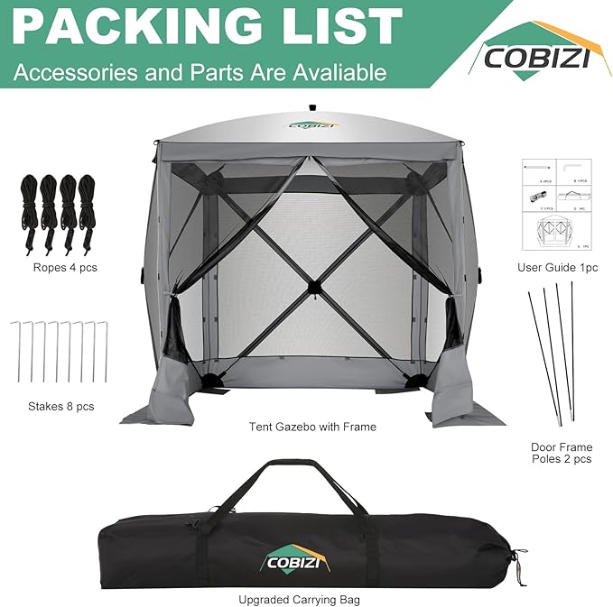 COBIZI 6x6 FT Pop up Gazebo, Popup Canopy Tent, Screened in Gazebos, Waterproof Portable Outdoor Small Screen Tents Sun Shelter,carpas para Patio for Camping, Garden and Backyard,Grey