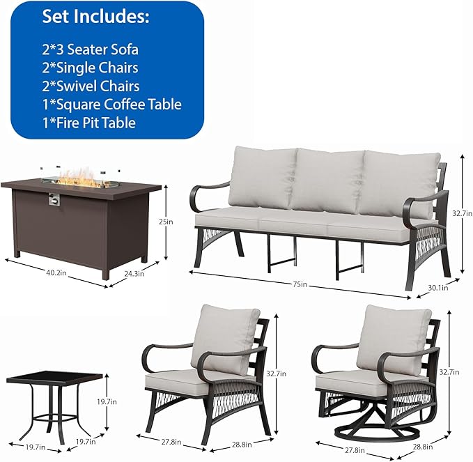 8 Piece Patio Furniture Set, All Weather Metal Outdoor Conversation Set with 50000 BTU Propane Fire Pit Table, 3 Seat Sofa, 2 Swivel Chairs and 5" Cushions for Garden, Porch, Lawn, Beige