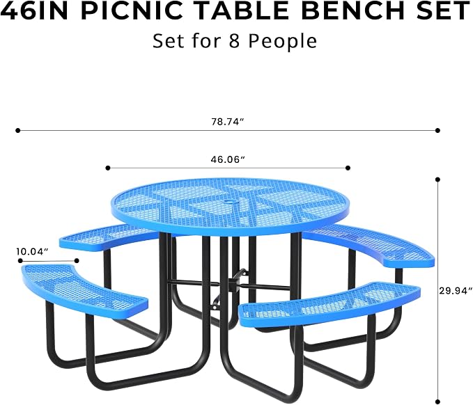 All-Weather Round Outdoor Picnic Table, Commercial Picnic Table Bench Set with Umbrella Hole, Thermoplastic Coated Metal Dining Tables for School, Stores, Park, Patio, Yard, Blue